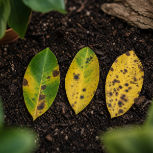 Feuilles de Dipladenia avec jaunissement, taches brunes et noires sur sol sombre, symptômes de maladie ou sur-arrosage