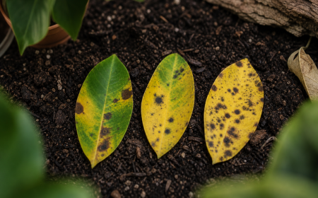Feuilles de Dipladenia avec jaunissement, taches brunes et noires sur sol sombre, symptômes de maladie ou sur-arrosage