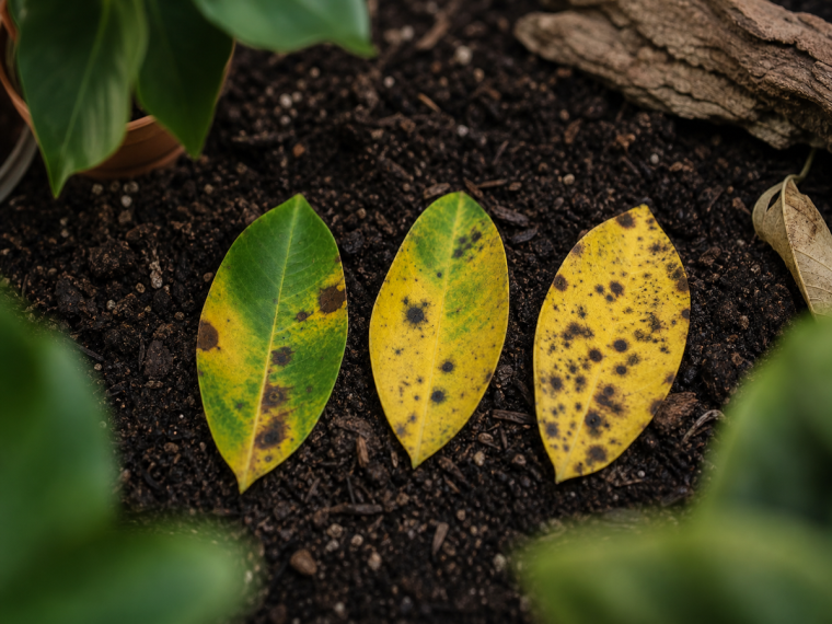 Feuilles de Dipladenia avec jaunissement, taches brunes et noires sur sol sombre, symptômes de maladie ou sur-arrosage