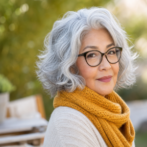 Femme 70 ans avec carré court argenté ondulé et lunettes noires élégantes en plein air