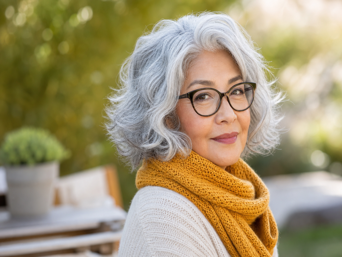 Femme 70 ans avec carré court argenté ondulé et lunettes noires élégantes en plein air