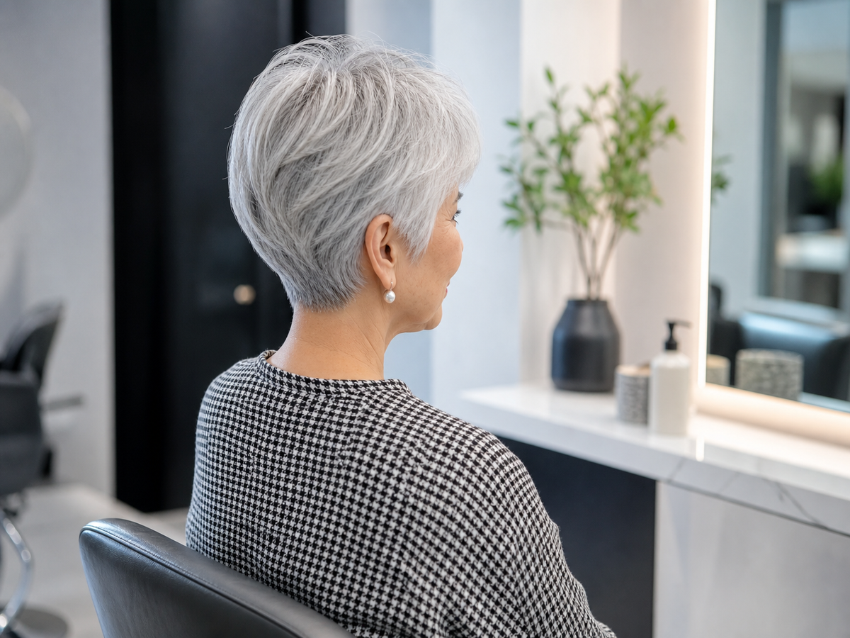 pixie bob femme 76 ans cheveux blancs gris fins dégradé avec frange effilée pour rajeunir visage