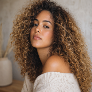 Femme aux longs cheveux bouclés mousseux volumineux miel — meilleure coupe pour cheveux épais