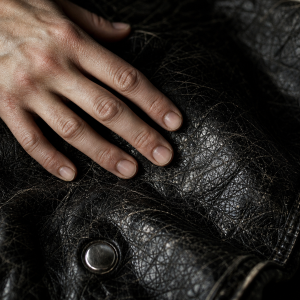 Veste en simili cuir qui s'effrite — gros plan sur texture craquelée avec une main posée dessus