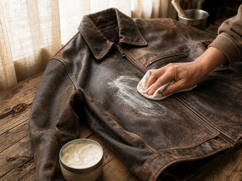 Nettoyage d'une veste en simili cuir usée avec un chiffon et de la crème sur une table en bois