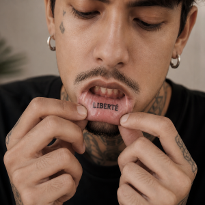 Homme montrant son tatouage intérieur de lèvre avec lettres noires en tirant sur sa lèvre inférieure