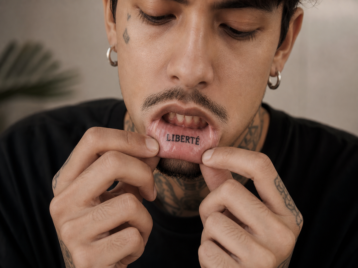 Homme montrant son tatouage intérieur de lèvre avec lettres noires en tirant sur sa lèvre inférieure