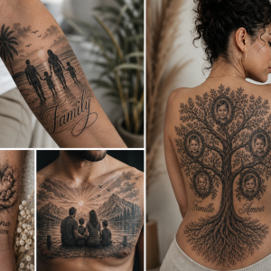 Collection de tatouages famille en noir et gris : arbre généalogique, silhouettes au coucher du soleil et paysage de montagne