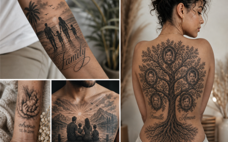 Collection de tatouages famille en noir et gris : arbre généalogique, silhouettes au coucher du soleil et paysage de montagne