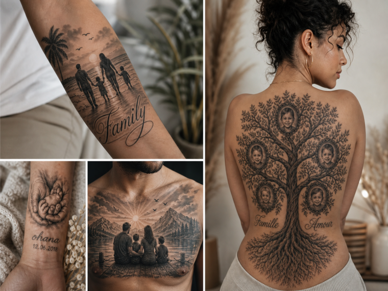 Collection de tatouages famille en noir et gris : arbre généalogique, silhouettes au coucher du soleil et paysage de montagne