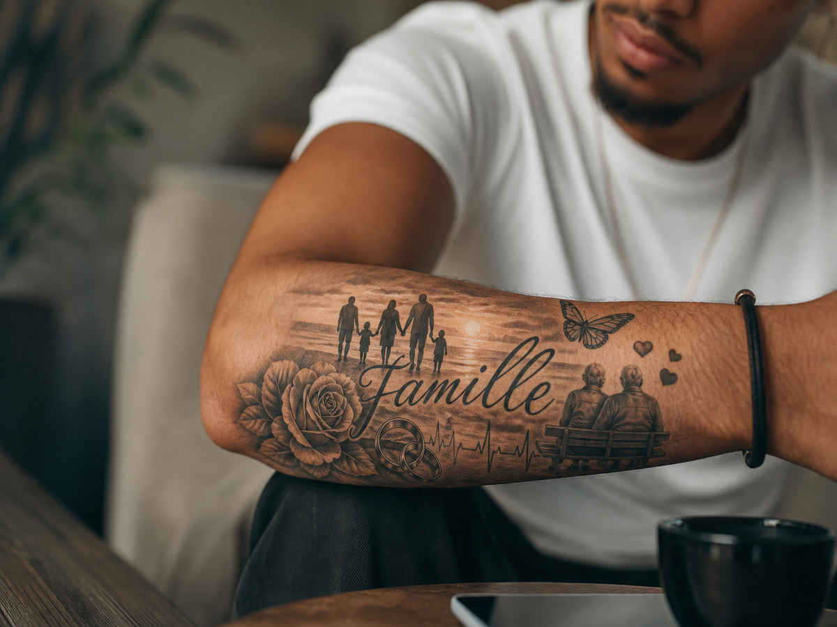 Tatouage avant-bras noir et gris avec script Famille, silhouettes parents et enfants, bagues, battement de cœur et grand-parents
