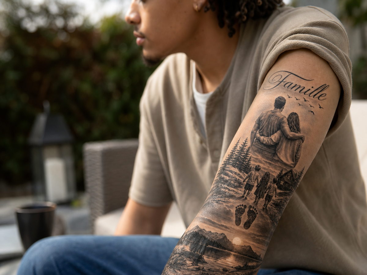 Tatouage avant-bras couple enlacé de dos avec trois enfants, maison, empreintes de pas et script Famille en noir et gris