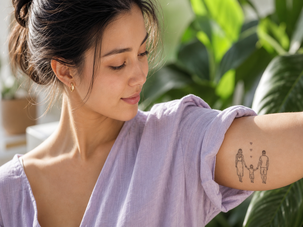 tatouage pour symboliser la famille sur l'avant bras tattoo en contours mère père et enfant