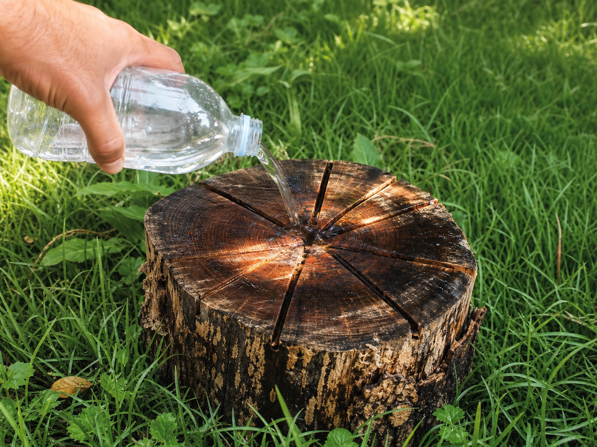 Verser un liquide sur une souche d'arbre pour détruire ses racines naturellement
