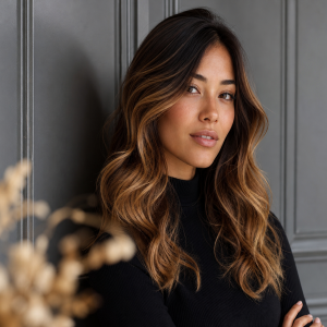 Balayage miel sur cheveux châtain clair long avec reflets caramel dorés, portrait beauté