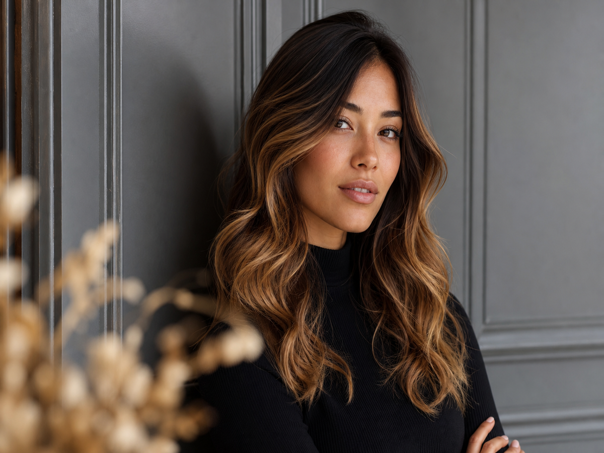 Balayage miel sur cheveux châtain clair long avec reflets caramel dorés, portrait beauté
