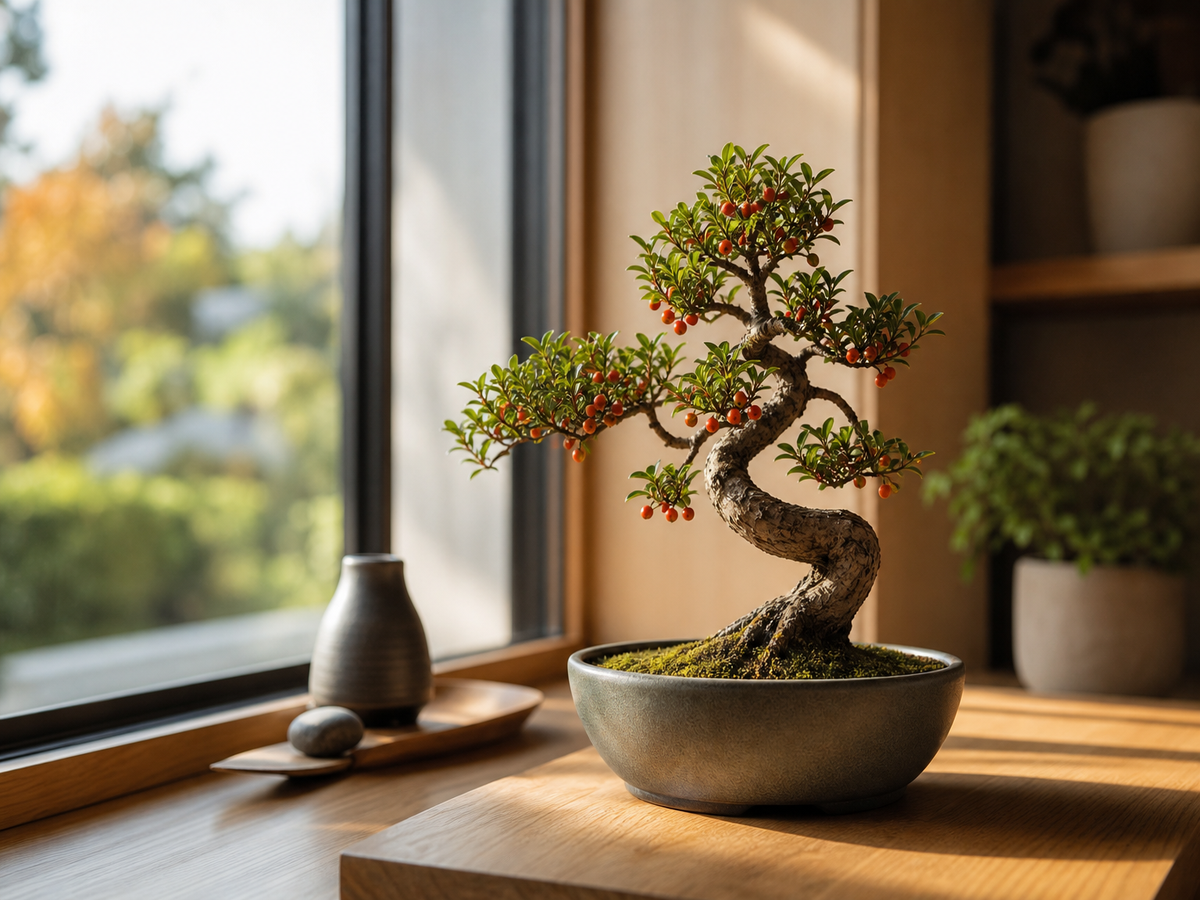 Bonsaï intérieur sur rebord de fenêtre avec lumière naturelle dorée