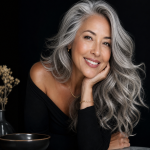 Femme aux longs cheveux gris argentés avec mèches lumineuses, sourire confiant, portrait beauté éditorial