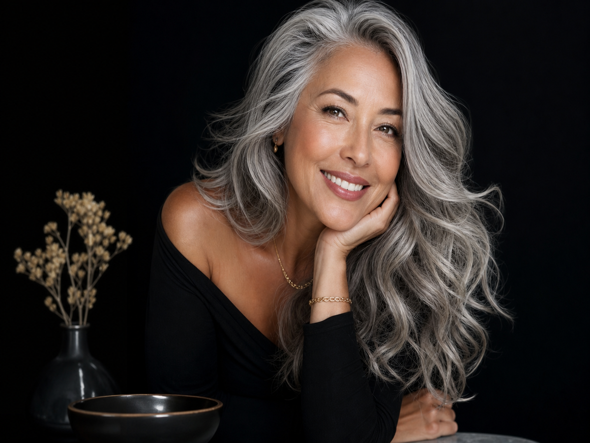 Femme aux longs cheveux gris argentés avec mèches lumineuses, sourire confiant, portrait beauté éditorial