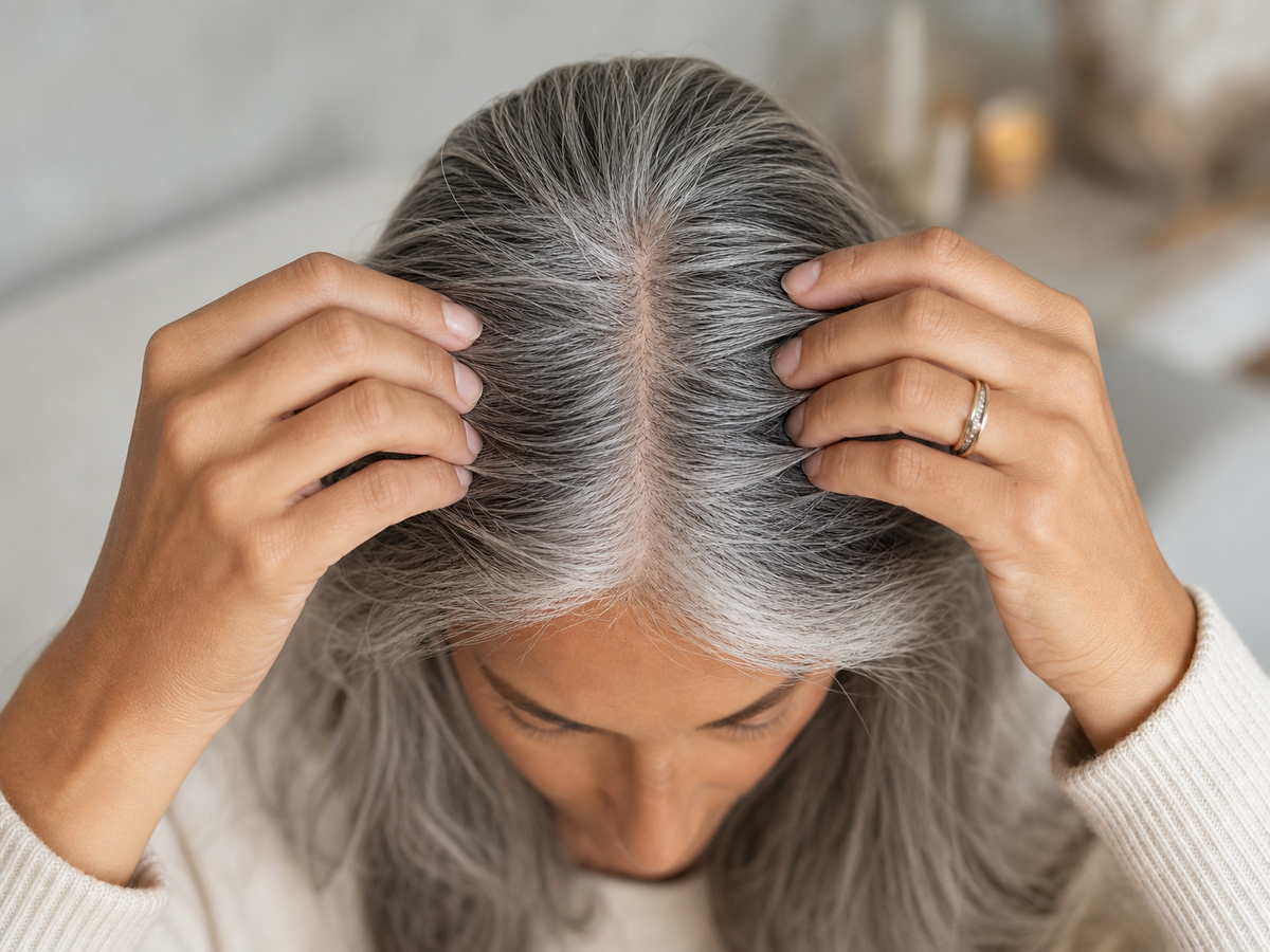 Gros plan sur cheveux gris naturels avec mèches argentées visibles à la racine, mains tenant la chevelure