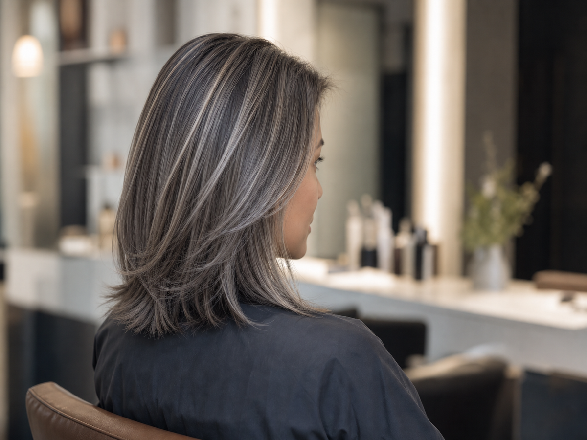 mèches bruns sur cheveux gris