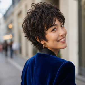 Femme de dos souriante avec une coupe shixie courte bouclée brun foncé, veste velours bleu royal