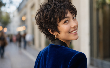 Femme de dos souriante avec une coupe shixie courte bouclée brun foncé, veste velours bleu royal