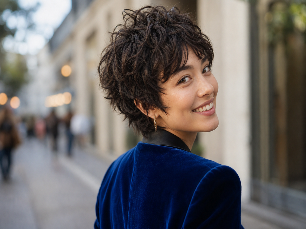 Femme de dos souriante avec une coupe shixie courte bouclée brun foncé, veste velours bleu royal