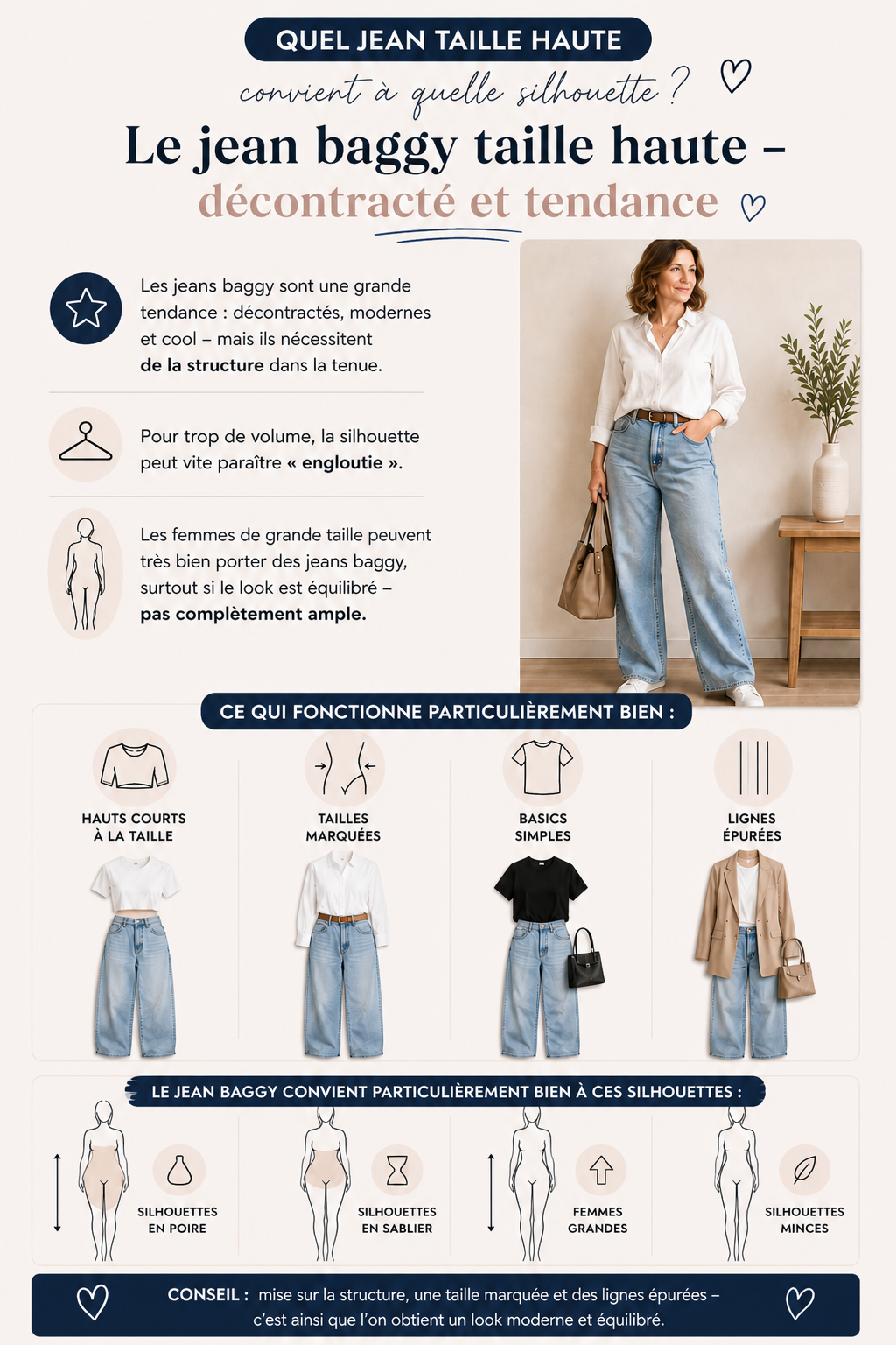 Femme en jean baggy taille haute, look decontracte et tendance