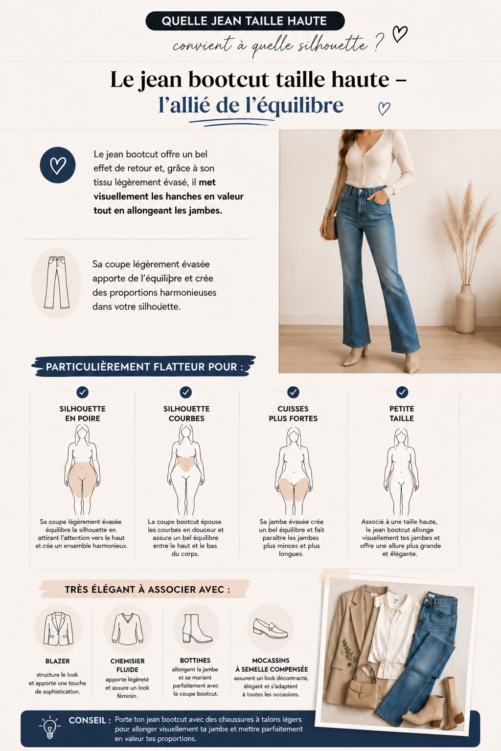 Femme en jean bootcut taille haute, allie de l equilibre