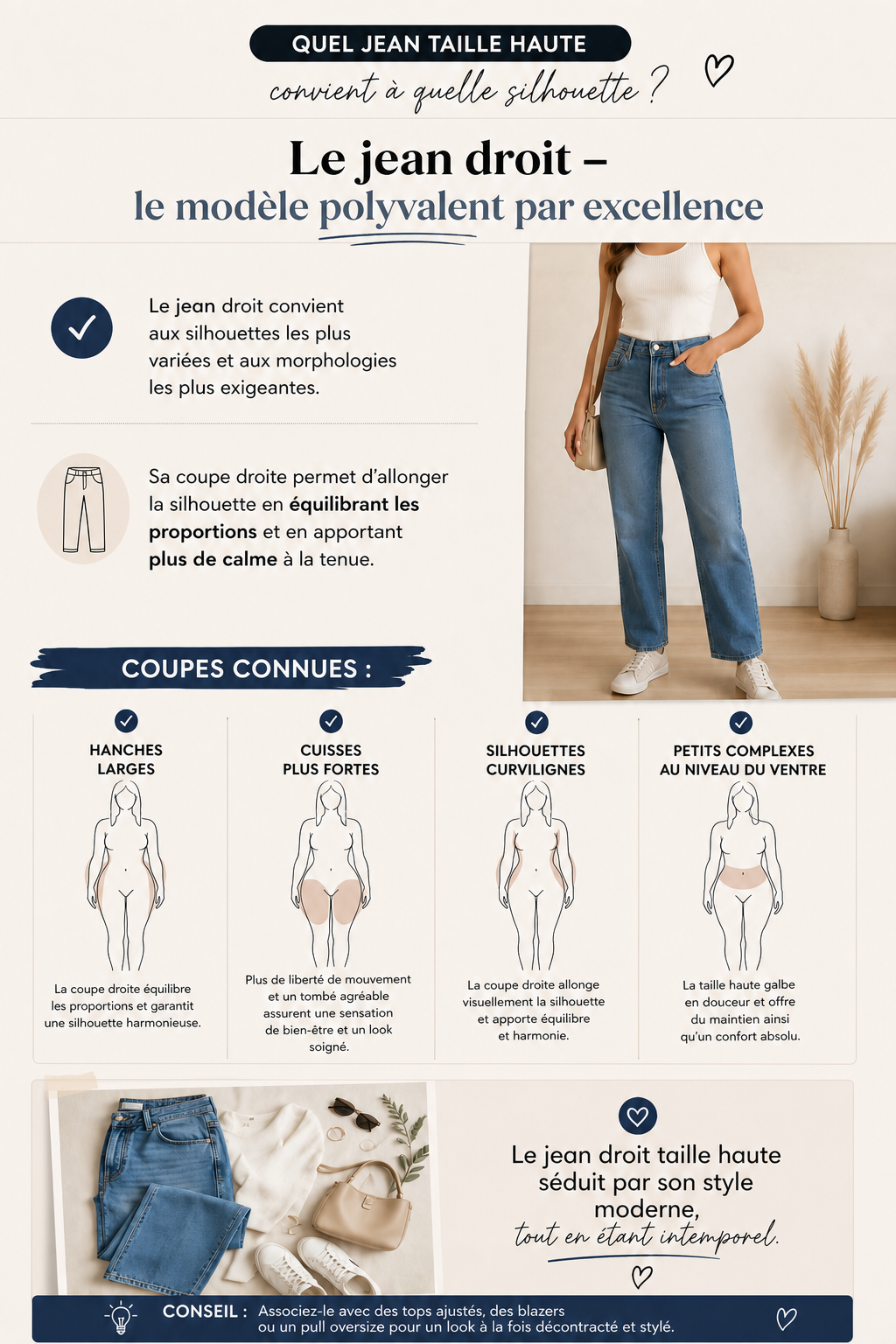 Femme en jean droit taille haute, indemodable polyvalent