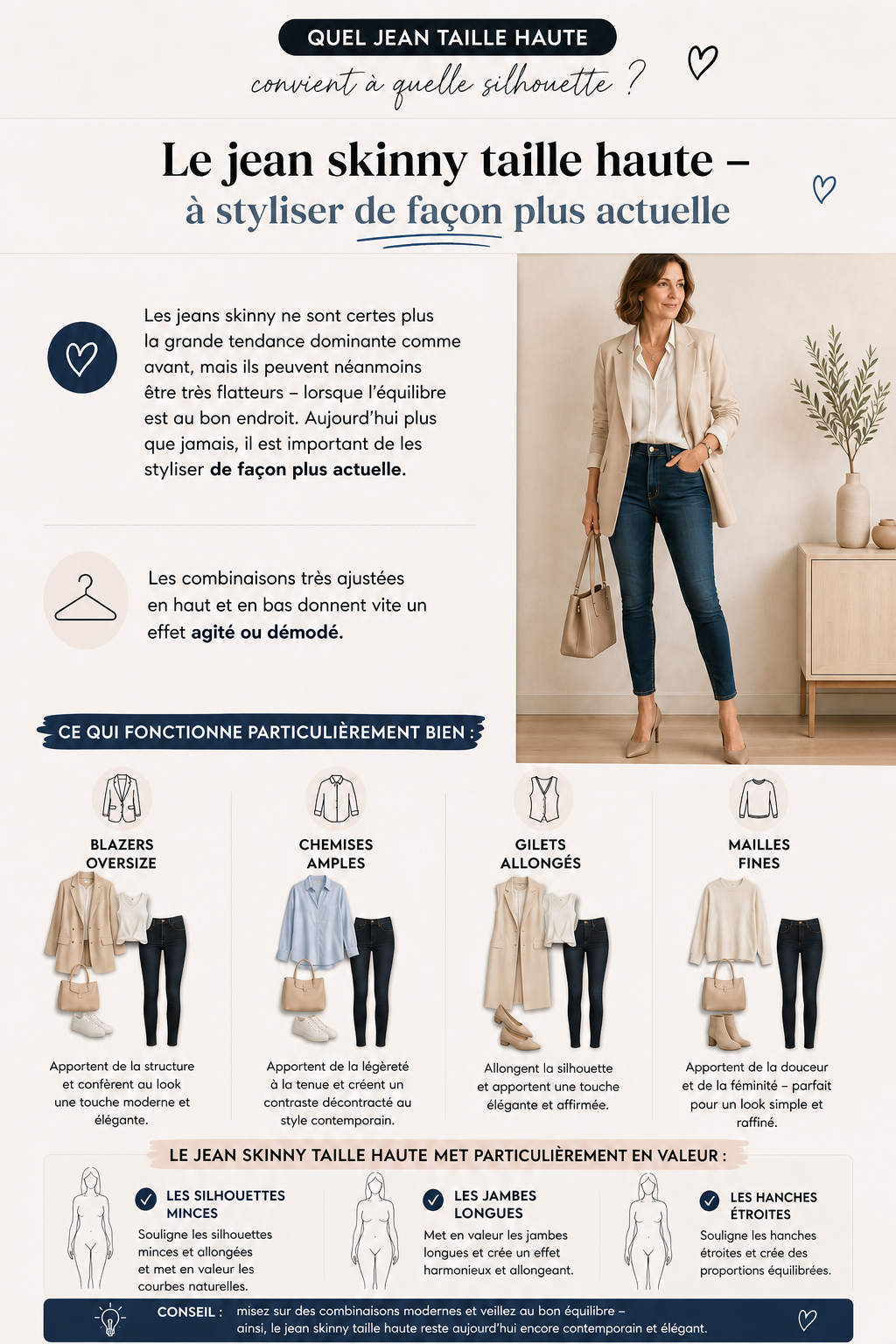 Femme en jean skinny taille haute stylise de facon moderne