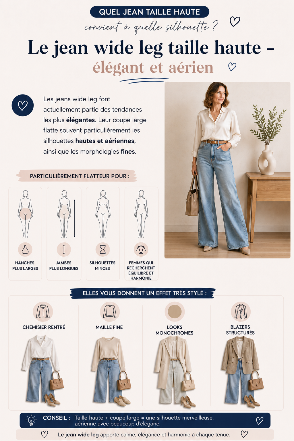 Femme en jean wide leg taille haute, elegant et aerien
