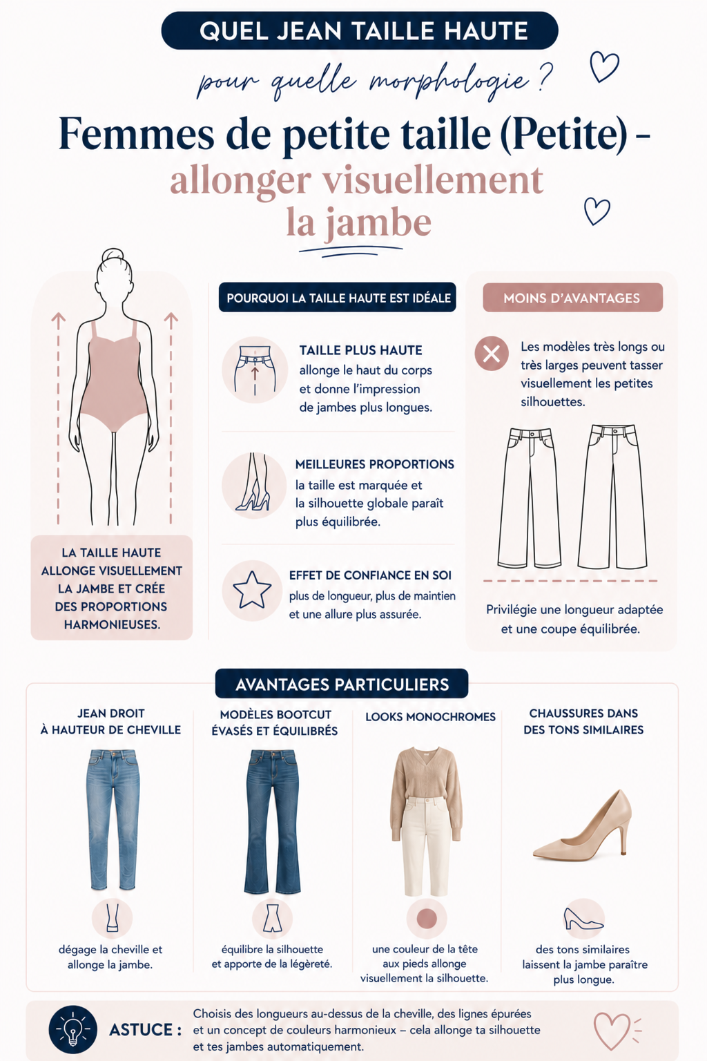 Femme petite avec un jean taille haute pour allonger la jambe