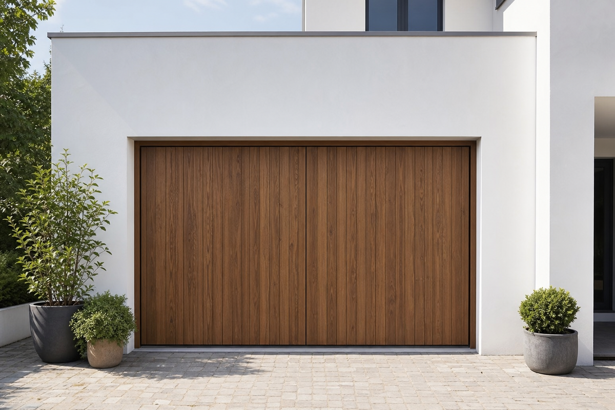 Porte de garage en bois massif à deux vantaux dans une façade en enduit blanc
