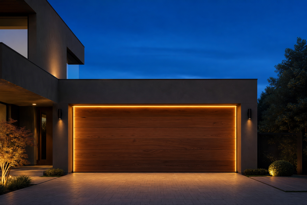 Porte de garage en bois massif mise en valeur par un éclairage LED à effet original