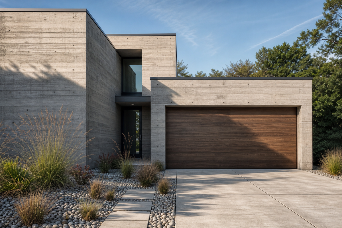 Porte de garage en bois massif sur une façade en béton brut avec jardin moderne