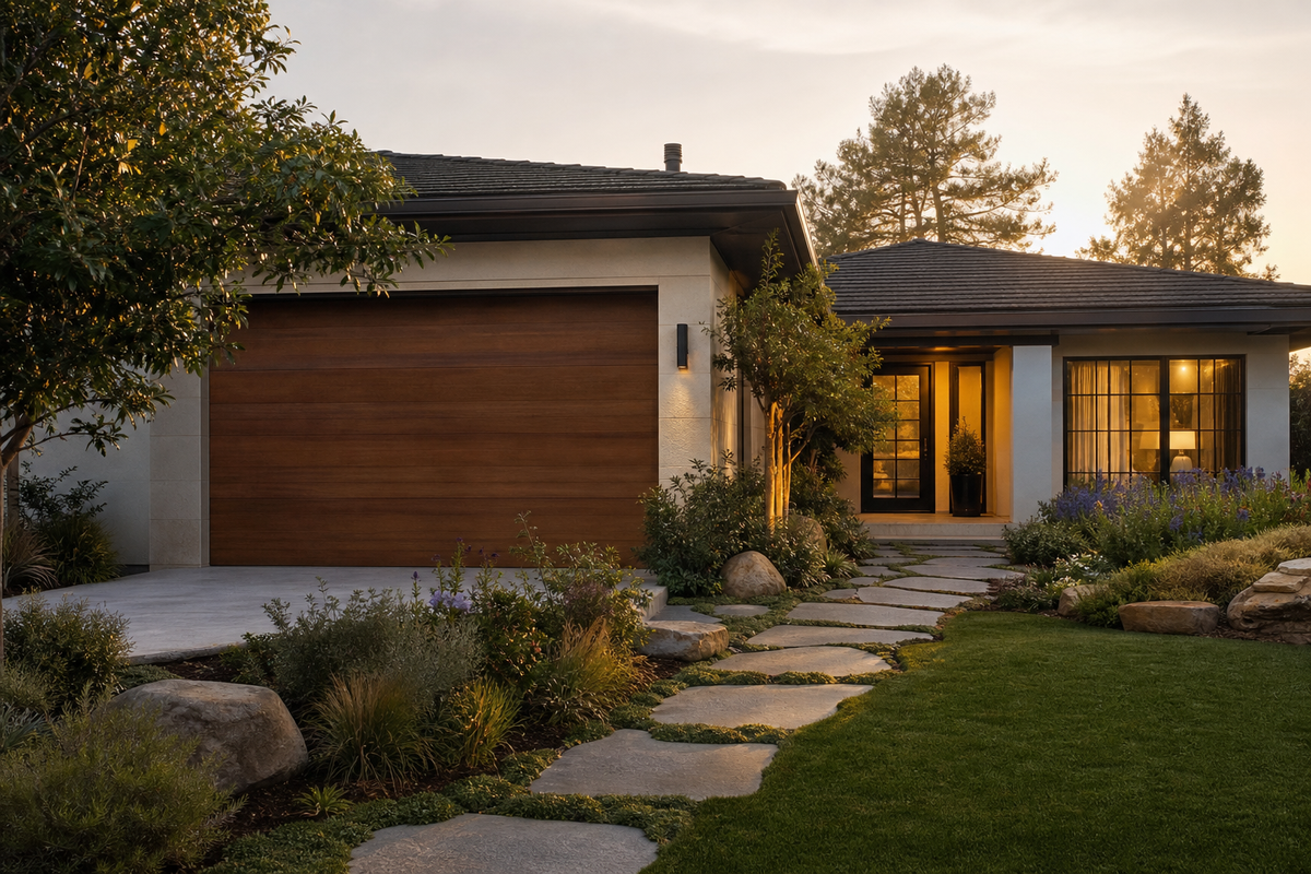 Porte de garage en bois massif s'ouvrant sur un jardin moderne au design soigné