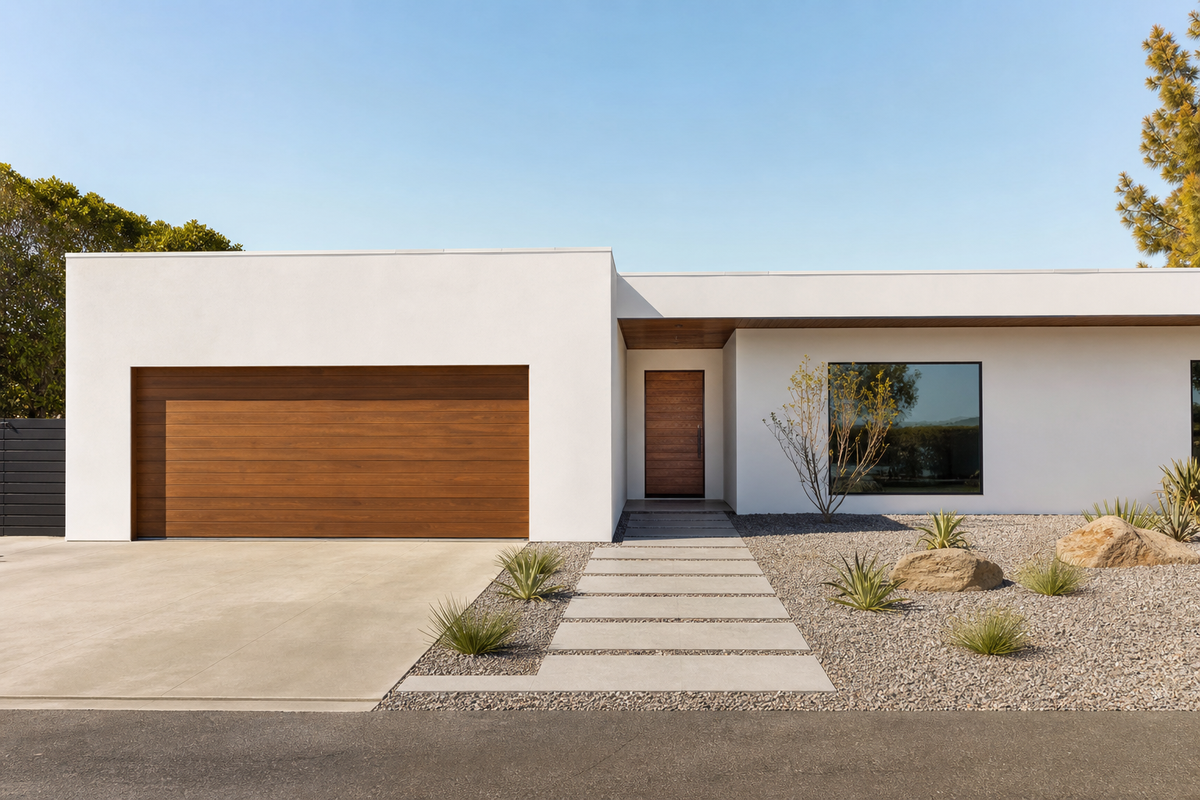 Porte de garage en bois massif aux lignes épurées sur une maison au design minimaliste