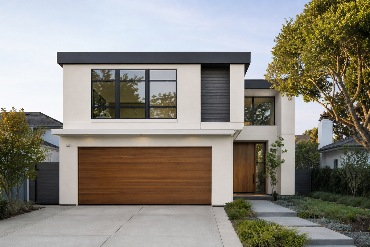Porte de garage en bois massif sur une maison d'architecte au design contemporain