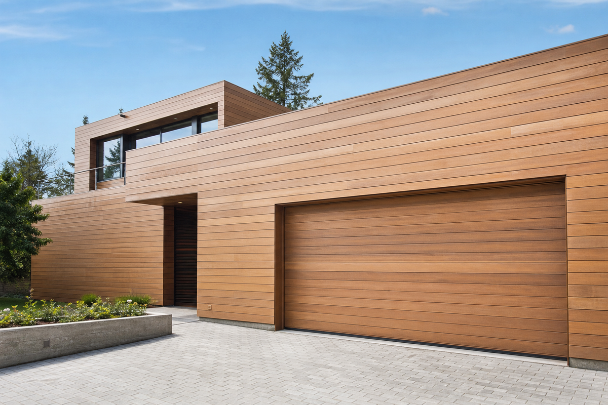 Porte de garage en bois massif intégrée à une façade moderne au design épuré