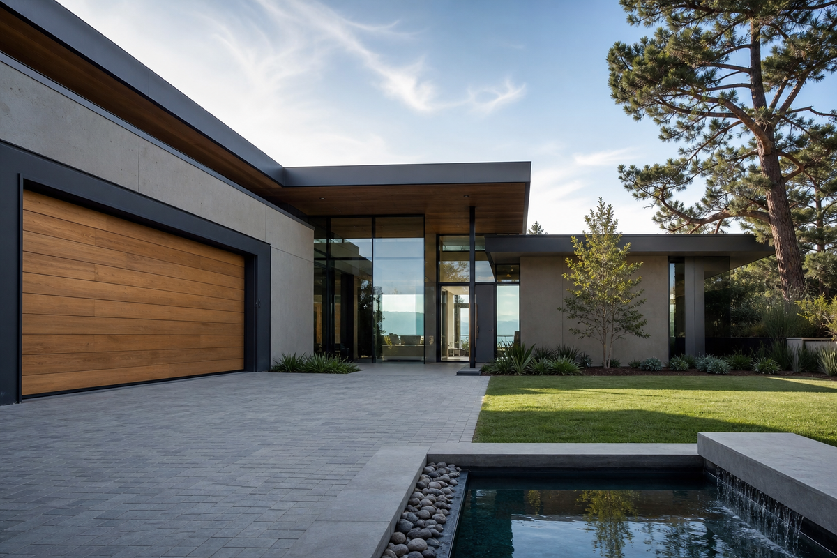 Porte de garage en bois massif sur une maison design avec grandes baies vitrées