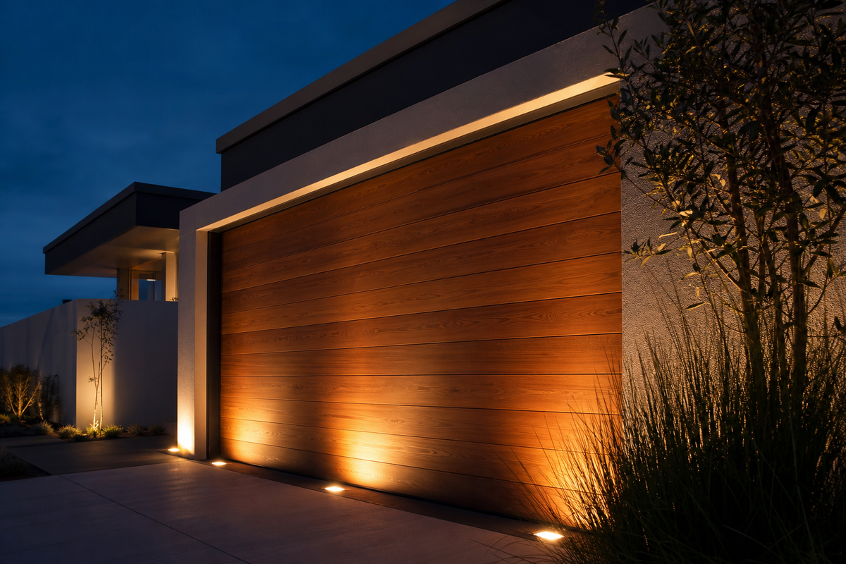 Porte de garage en bois massif moderne mise en valeur par un éclairage indirect