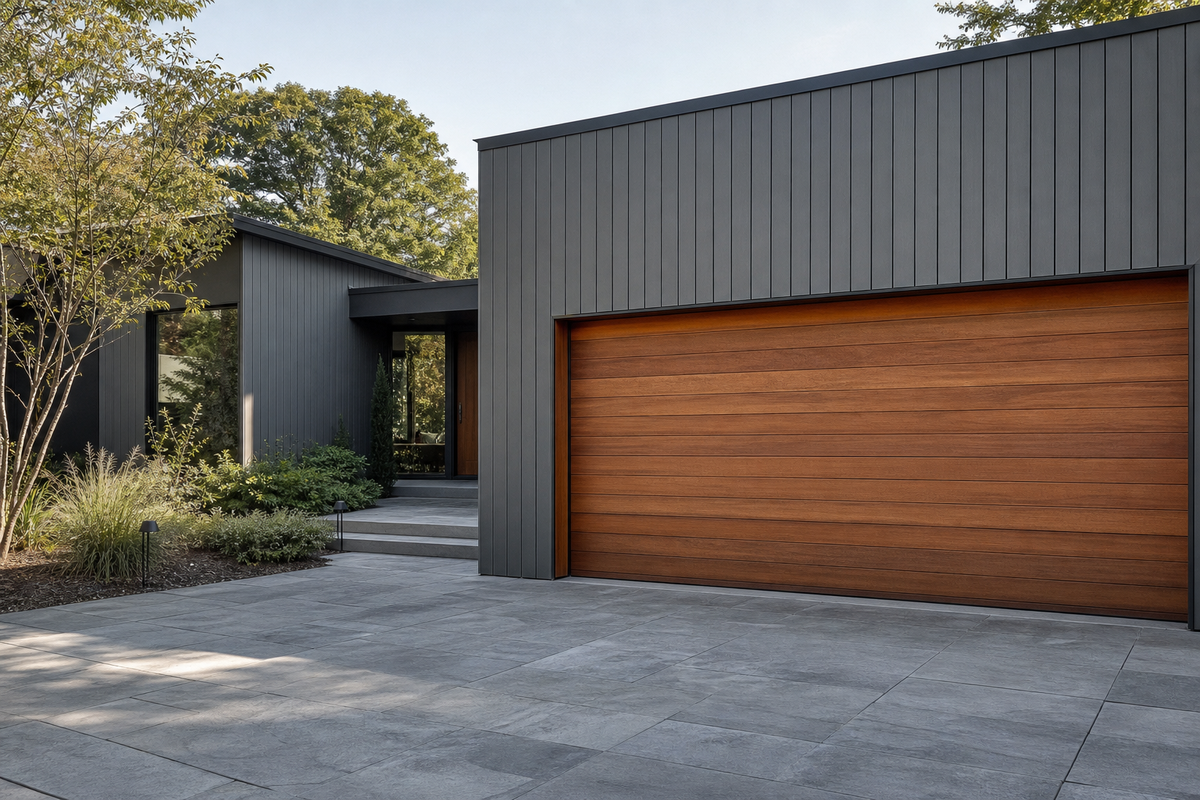 Porte de garage en bois massif avec parement extérieur gris et dallage gris assorti