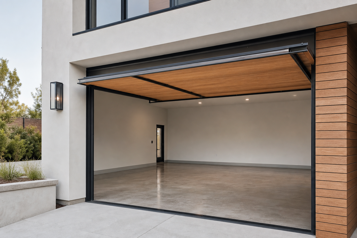Porte de garage en bois massif avec plafond en bois assorti à l'intérieur du garage