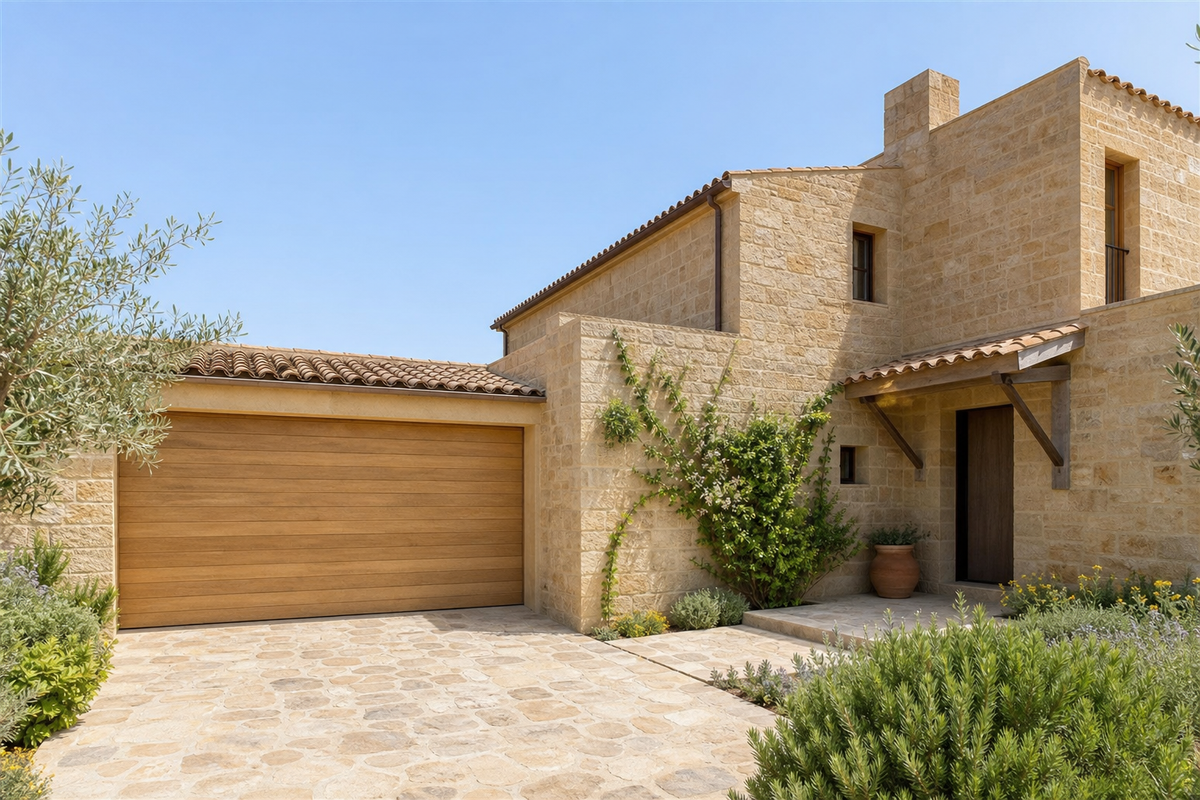 Porte de garage en bois massif sur une maison au revêtement en pierre blonde naturelle