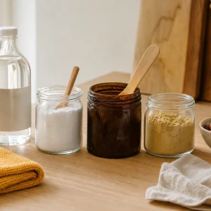 Cinq produits de nettoyage écologique alignés sur un plan de travail en bois clair : vinaigre blanc, bicarbonate, savon noir, terre de Sommières et noix de lavage.