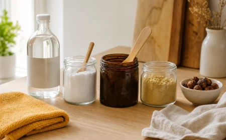 Cinq produits de nettoyage écologique alignés sur un plan de travail en bois clair : vinaigre blanc, bicarbonate, savon noir, terre de Sommières et noix de lavage.