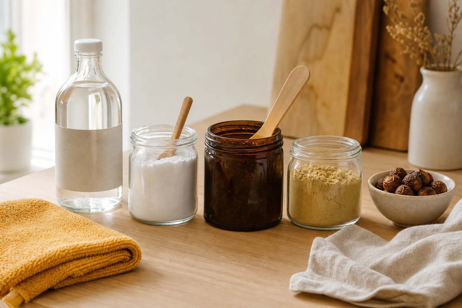 Cinq produits de nettoyage écologique alignés sur un plan de travail en bois clair : vinaigre blanc, bicarbonate, savon noir, terre de Sommières et noix de lavage.