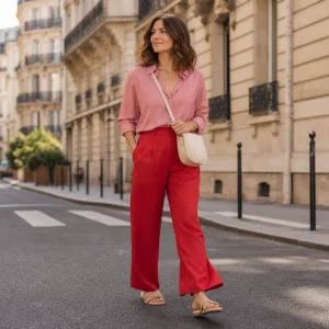 Femme en look color block rose poudré et rouge Lava Falls dans une rue parisienne ensoleillée